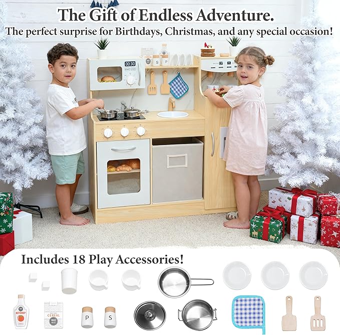 Wooden Play Kitchen set for Toddlers and Kids with Storage System,Ice Maker,Fridge,Coffee Machine,Oven,Microwave,Pretend Kitchen set for Small Spaces, Toy Kitchen Gift for Boys and Girls 3-5