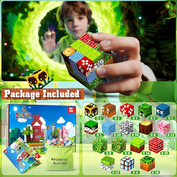 150PCS Magnetic Blocks-Magnetic Building Blocks Magnet Toys Set Stacking Forest World with Magnet Construction Toys STEM Sensory Gift for Kids Toddlers Boys & Girls Birthday Gifts Ages 3+