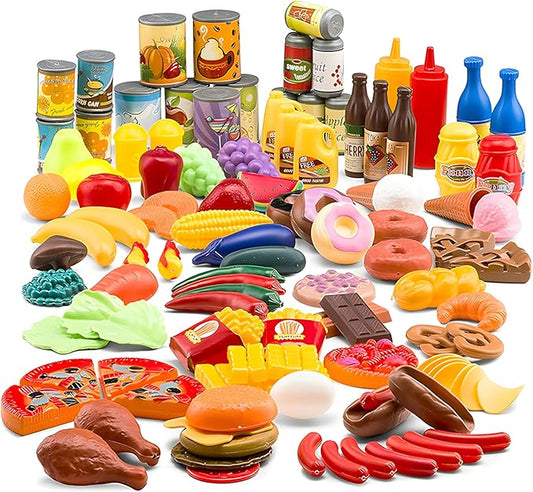 Jaxojoy 122 Piece Pretend Food Set for Kids - Food Toys for Kids Kitchen Set - Pretend Play Kitchen Accessories and Playset for Interactive and Imaginative Activities