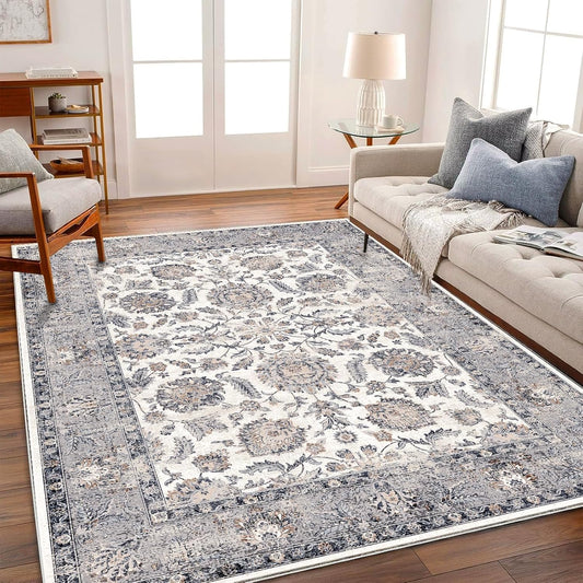 10x14 Washable Area Rug Medallion Distressed Design Boho Medallion Non-Shedding Easy Care Ideal for High Traffic Areas in Living Room Bedroom Kitchen Office Coffee Table Large Carpet