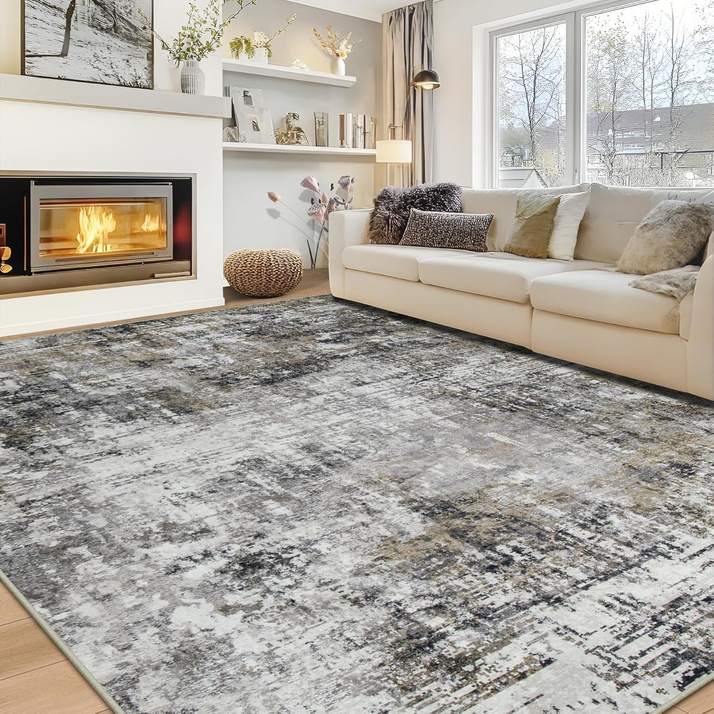 10x14 Area Rugs Large Living Room Rug Washable: Modern Abstract Rug Indoor Modern Carpet Non Slip for Dining Room Bedroom Nursery Home Office Black Gold