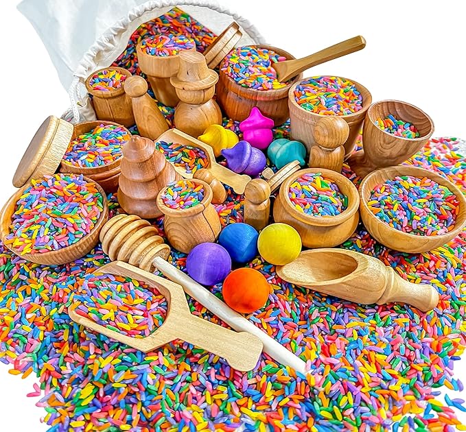 Wooden Tool Set for Sensory Bin (30 Piece), Child-Sized Montessori Sensory Toys for Developing Fine Motor Skills, Smooth Wooden Toys, Bin Scoops and Tools