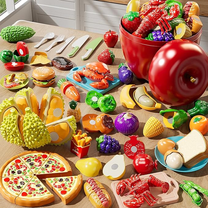 Play Food Set for Kids, Toddler Learning Toys, Cutting Food Toy Color Sorting Set, Pretend Food Play Kitchen Accessories for Kids, Birthday Gifts for 3-8 Years old Boys Girls Educational Toys
