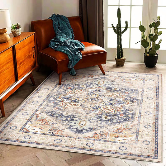 3'x5' Blue Khaki Vintage Washable Thin Area Rug Traditional Floor Cover Foldable Indoor Distressed Non Slip Carpet Floral Print Mat for Bedroom Living Room Bathroom