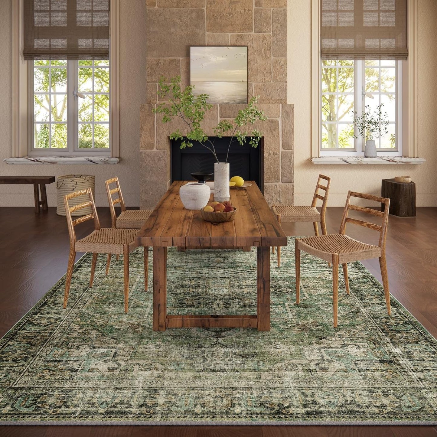 10x14 Area Rugs for Living Room: Washable Bedroom Rug Boho Vintage Rugs Stain Resistant Non Slip Low Pile Soft Lightweight Carpet for Kitchen Dining Room Farmhouse Nursery Kids Room