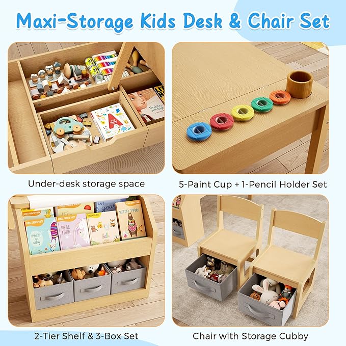 5-in-1 Kids Art Table and Chairs, Toddler Table and Chair Set, Craft Play Desk for Kids, Convertible Art Easel with Paper Roll Holder & Storage Drawers, Children Activity Learning Center - Nature Wood