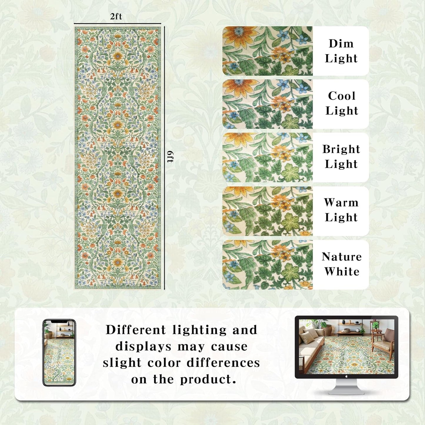 2x6 Washable Runner Rug,Grass Green Floral Boho Area Rug for Hallway,Low-Pile Non-Slip Stain Resistant Carpet for Kitchen, Bedside,Laundry Room,Entryway