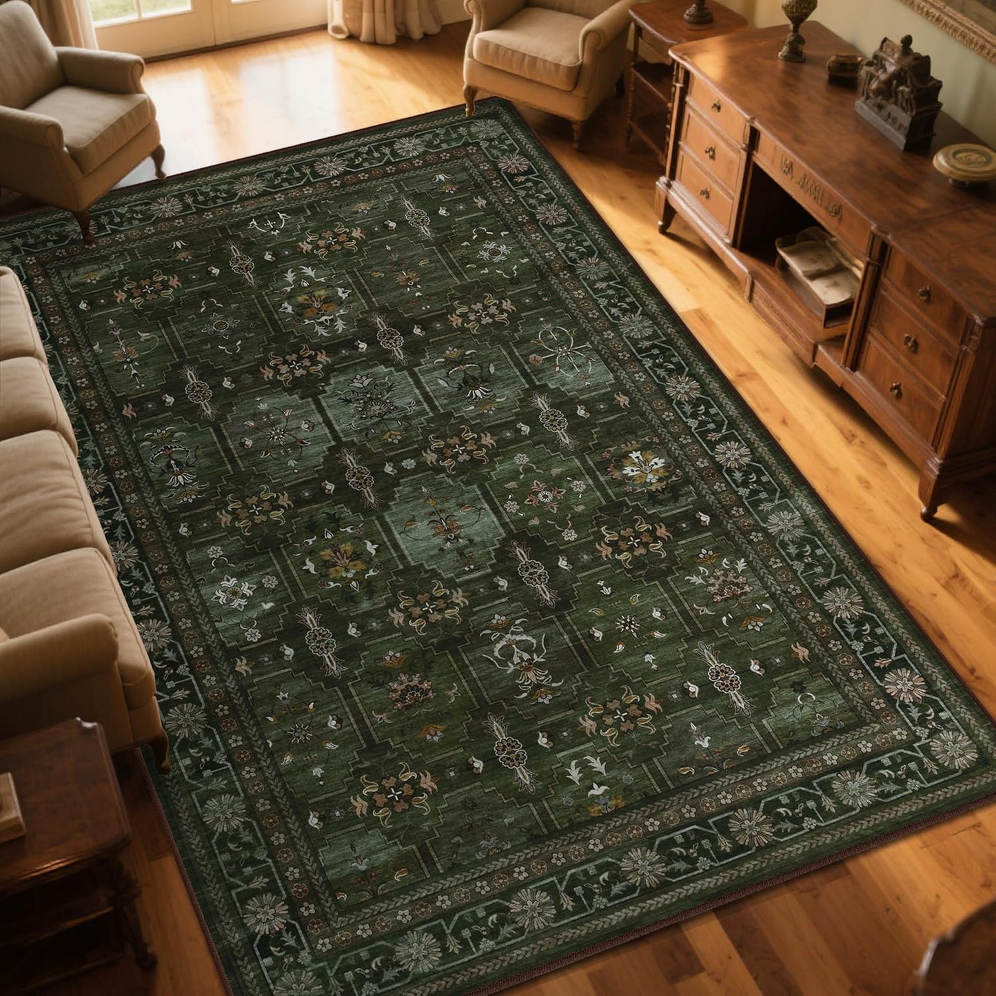 4x6 Area Rug for Bedroom Machine Washable, Non Slip Vintage Floral Kitchen Rugs for Dining Room, Low Pile Indoor Floor Print Carpet for Nursery Farmhouse Home Office Dark Green