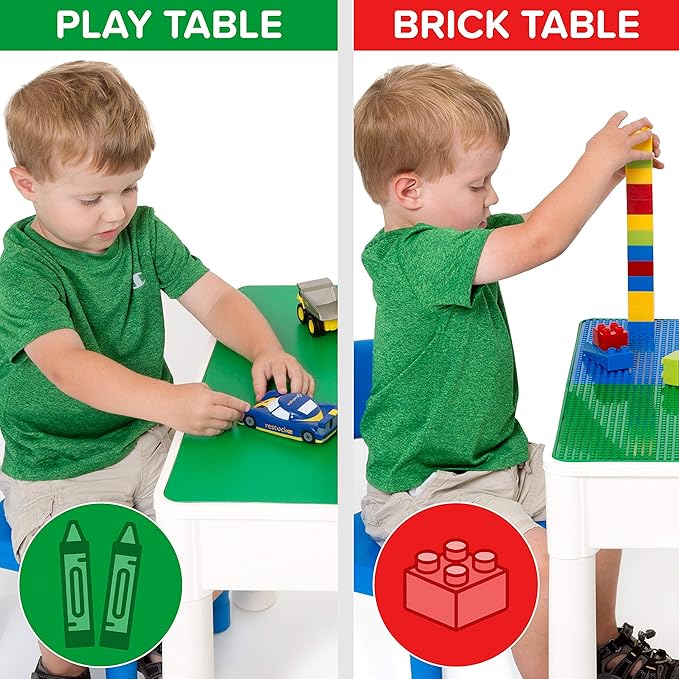 Play Platoon 5 in 1 Kids Activity Table and Chair Set - Building Block, Stem, Craft & Sensory Tables for Toddlers with 2 Chairs & 25 XL Blocks - Blue and Green