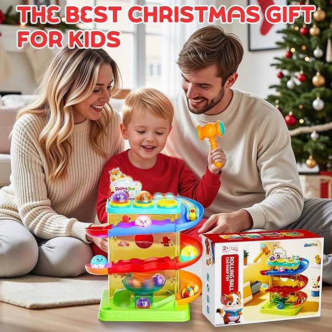 2-in-1 Rolling Ball & Car Ramp Race Track for Toddlers, Hammer Ball Drop Toy for Boys & Girls, Interactive Toys w/Sensor Lights - Montessori STEM Learning Toys - Brithday Gift for Kids 1-5+ Year Old