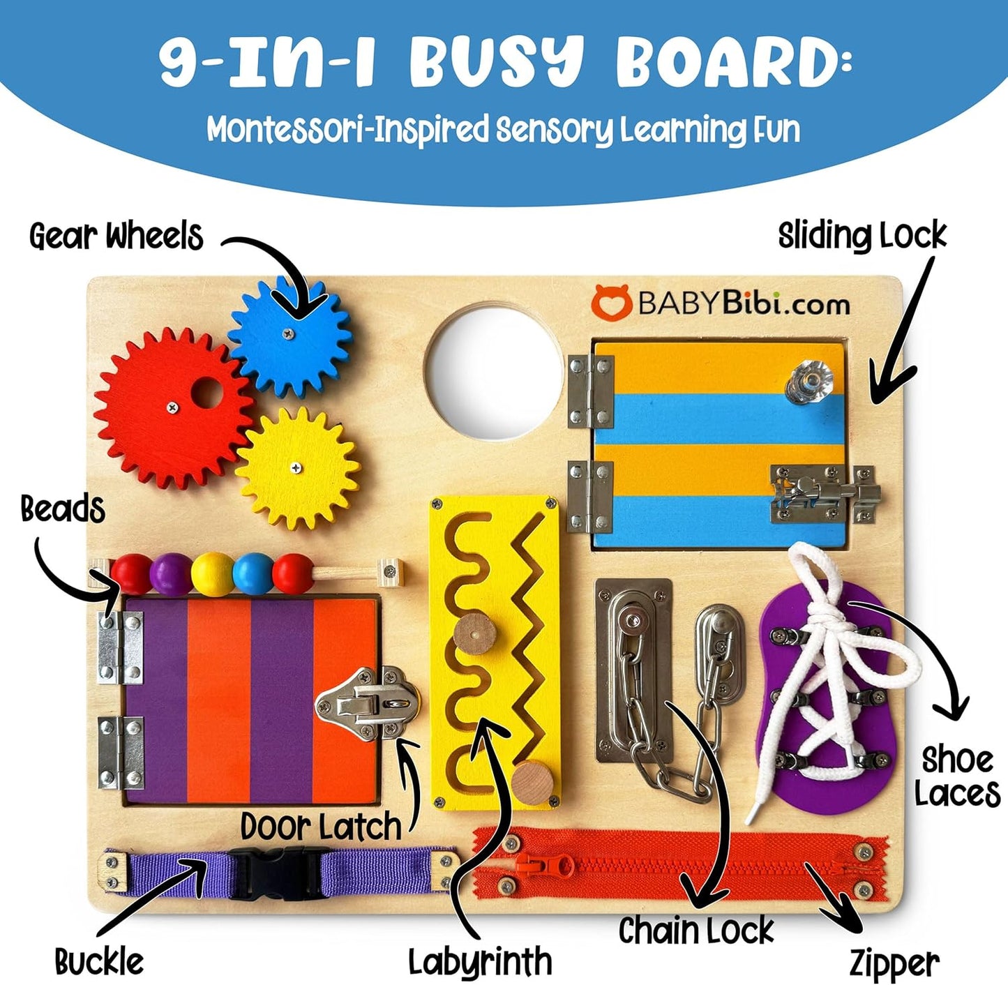 Montessori Busy Board for Toddlers - Safe, Durable Sensory Activity Board with Locks, Shoelaces & More - Perfect Educational Toy Built for Growth & Travel - 36 Months & Up - Color Edition