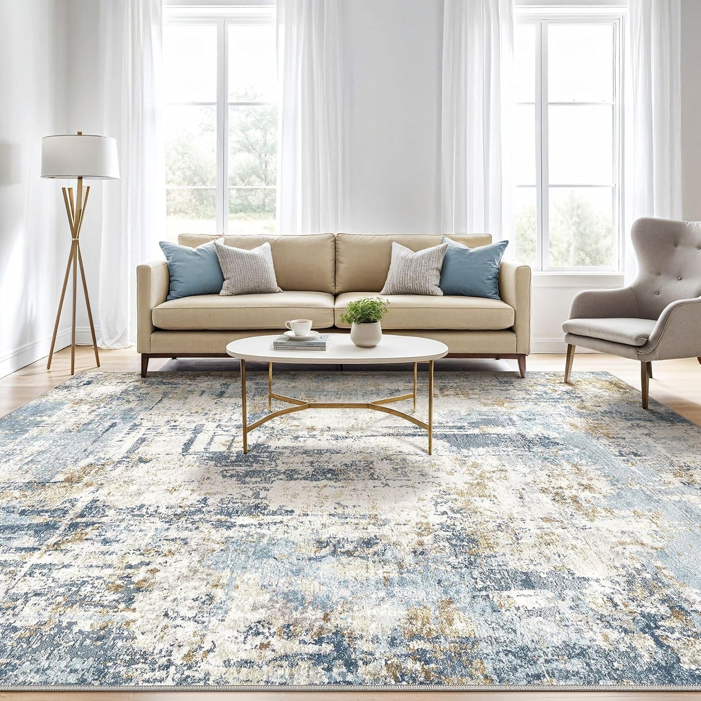 10x12 Area Rug Living Room: Washable Large Abstract Modern Soft Rugs Stain Resistant Indoor Floor Non Slip Accent Carpet for Bedroom Nursery Playroom Office Dining Room Dorm Home House- Light Blue
