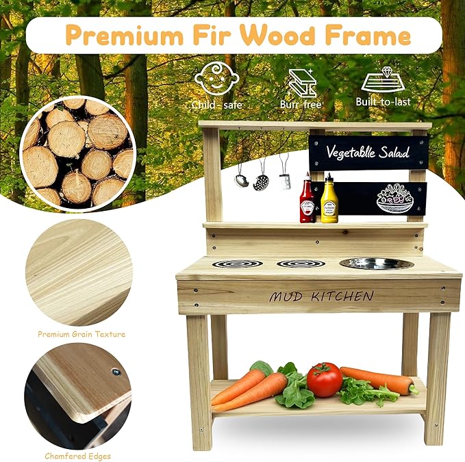 Wooden Mud Kitchen, Outdoor Play Kitchen with Sink, Blackboard, Storage Shelves and Kitchen Accessories, Fir Wood Pretend Kitchen for Boys and Girls
