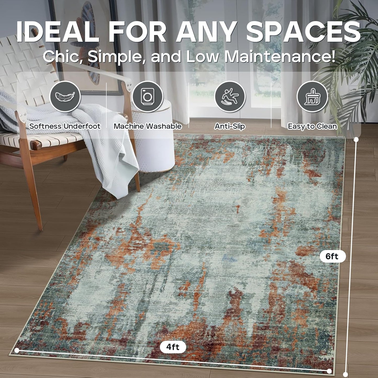 4x6 Area Rugs for Living Room Rug Washable: Modern Large Rug for Dining Room Bedroom Carpet Non Slip Low Pile 4 by 6 Indoor Abstract Nursery Home Office Red Brown