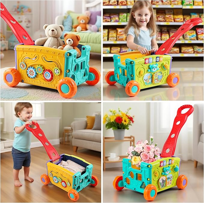 Baby Walker Musical Push Toy for Toddlers 18+ Months - Educational Activity Wagon with Building Blocks, Learning Walking Assistant with Adjustable Handle for Baby Boys & Girls