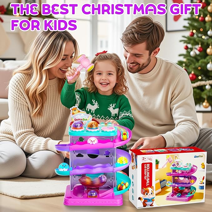 2-in-1 Rolling Ball & Car Ramp Race Track for Toddlers, Hammer Ball Drop Toy for Boys & Girls, Interactive Toys w/Sensor Lights - Montessori STEM Learning Toys - Brithday Gift for Kids 1-5+ Year Old