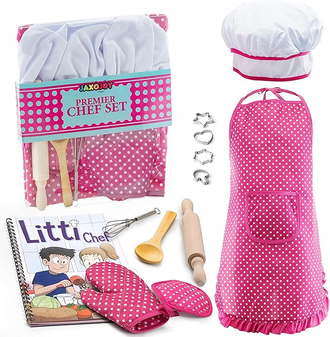 JaxoJoy Kids Cooking and Baking Chef Set for Little Girls, Complete Cooking Sets, Toddler Dress Up and Pretend Play Dress Up Clothes for Girls, Kitchen Toys 3-5 Years Old with Kids Aprons