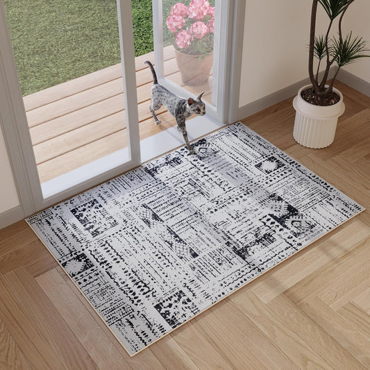 Door Mat Indoor Entrance 2x3 Rug Machine Washable Boho Moroccan Small Area Rug Non-Slip Low Pile Throw Rugs for Entryway, Kitchen, Front Door Indoor Entrance,Kids Room (Black and White)