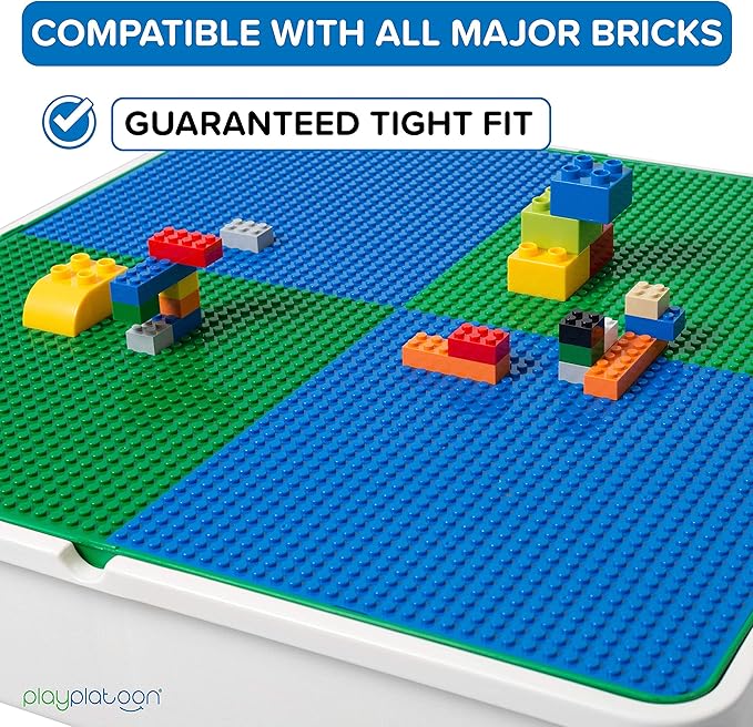 Play Platoon 5 in 1 Kids Activity Table and Chair Set - Building Block, Stem, Craft & Sensory Tables for Toddlers with 2 Chairs & 25 XL Blocks - Blue and Green