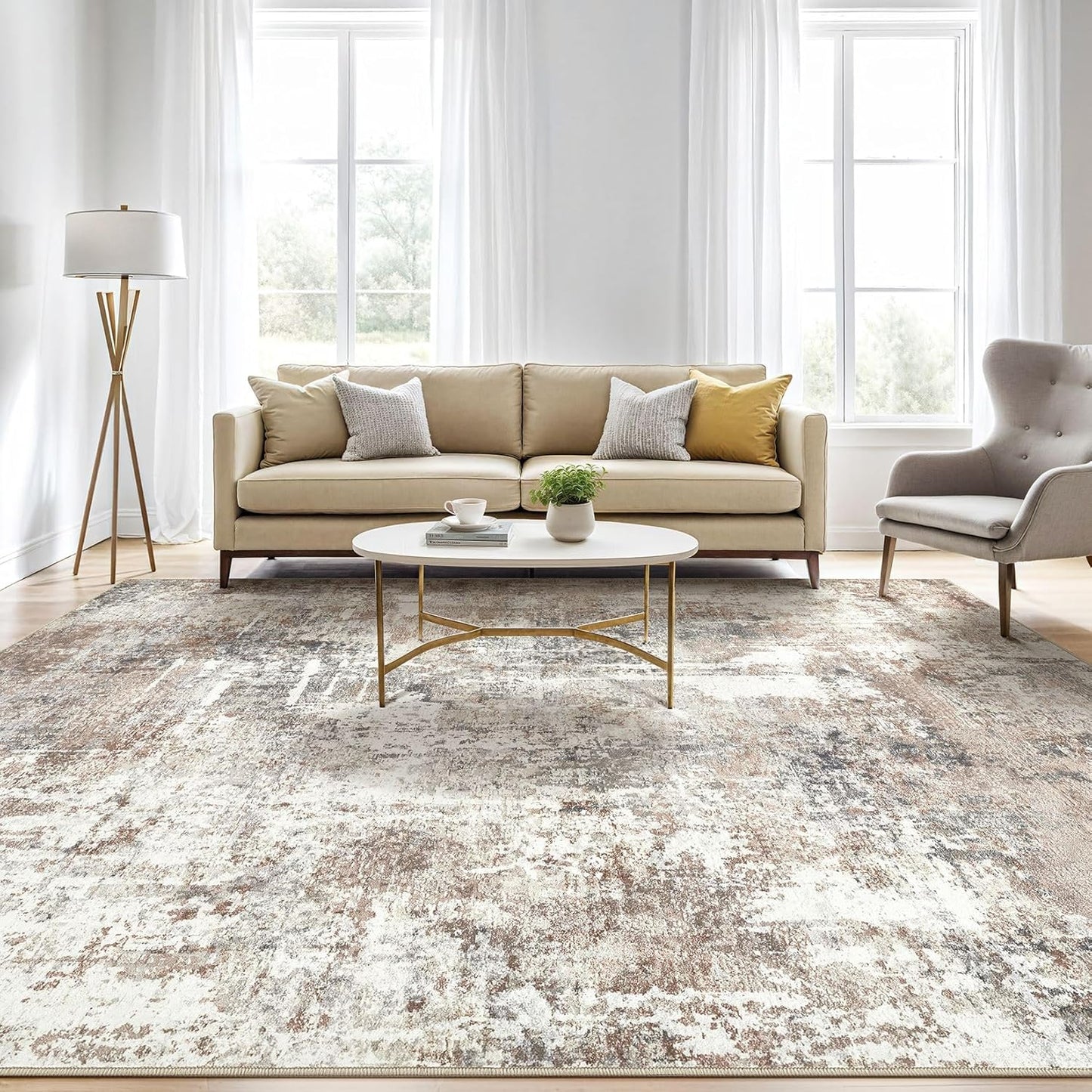 10x14 Area Rugs Living Room: Washable Large Abstract Modern Soft Rug Stain Resistant Indoor Floor Non Slip Accent Carpet for Bedroom Nursery Playroom Office Dining Room Dorm Home House- Brown