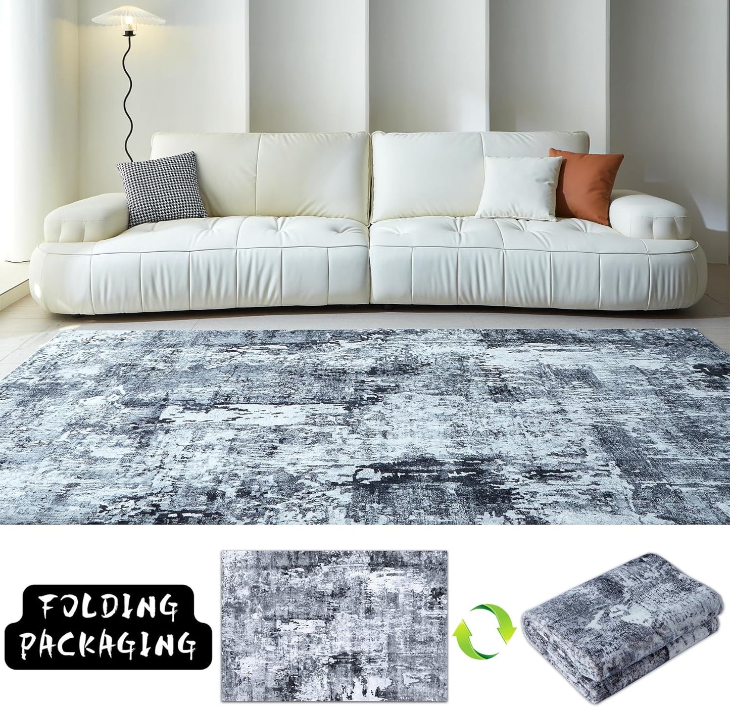 3x5 Rug Washable Boho Rug Soft Area Rug Abstract Pattern Non-Slip Non-Shedding Faux Wool Vintage Rug for Bedside, Bedroom Rug, Kitchen, Floor, Indoor, Laundry, Grey and Black