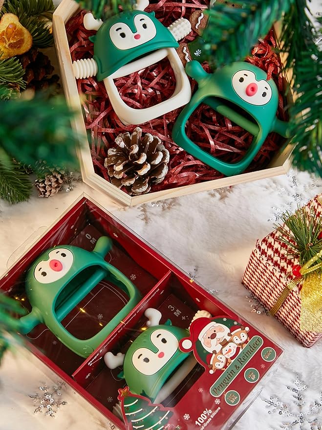 Smily Mia Baby Christmas Stocking Stuffers, Baby Teething Toys丨Penguin Teether for 0-6M, Reindeer Chew Toys for 3-6M,Teething Mittens for 6-12M Babies, My First Christmas Gift, Pine Green