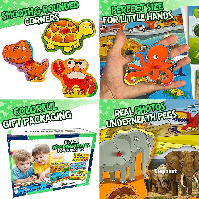 5 Pack Wooden Puzzles for Toddlers 1-3 - Colorful Chunky Wooden Peg Puzzles - Educational Learning Montessori Toys - Toddler Puzzles for Kids Ages 2-4 - Alphabet ABC Number Animal Fruit Shape