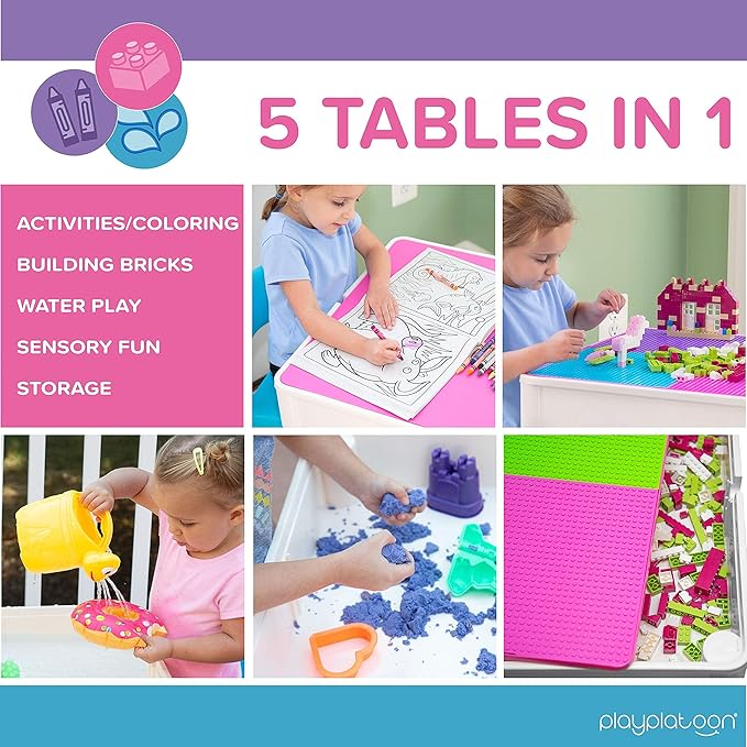 Play Platoon Kids Table and Chairs Set, Toddler 5 in 1 Pastel Activity Table - Sensory, Water, Art, Picnic, Blocks with Storage for Girls Ages 2 to 8 - with Pink and Blue Chairs
