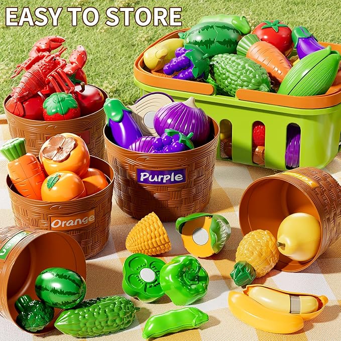 Play Food Set for Kids, Toddler Learning Toys, Cutting Food Toy Color Sorting Set, Pretend Food Play Kitchen Accessories for Kids, Birthday Gifts for 3-8 Years old Boys Girls Educational Toys