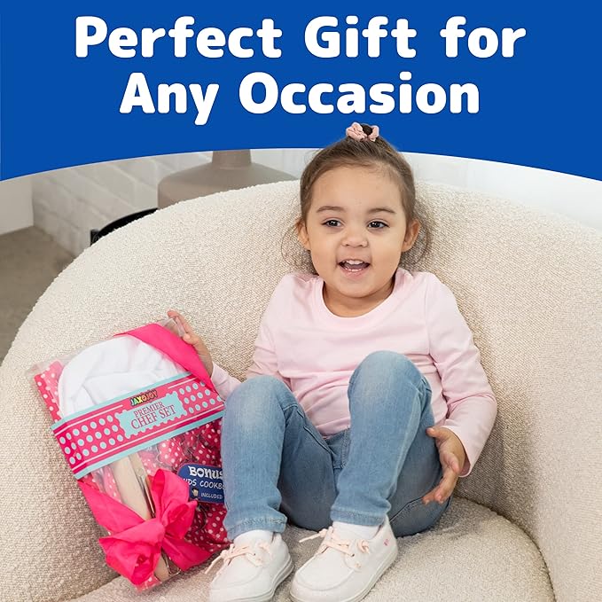 JaxoJoy Kids Cooking and Baking Chef Set for Little Girls, Complete Cooking Sets, Toddler Dress Up and Pretend Play Dress Up Clothes for Girls, Kitchen Toys 3-5 Years Old with Kids Aprons