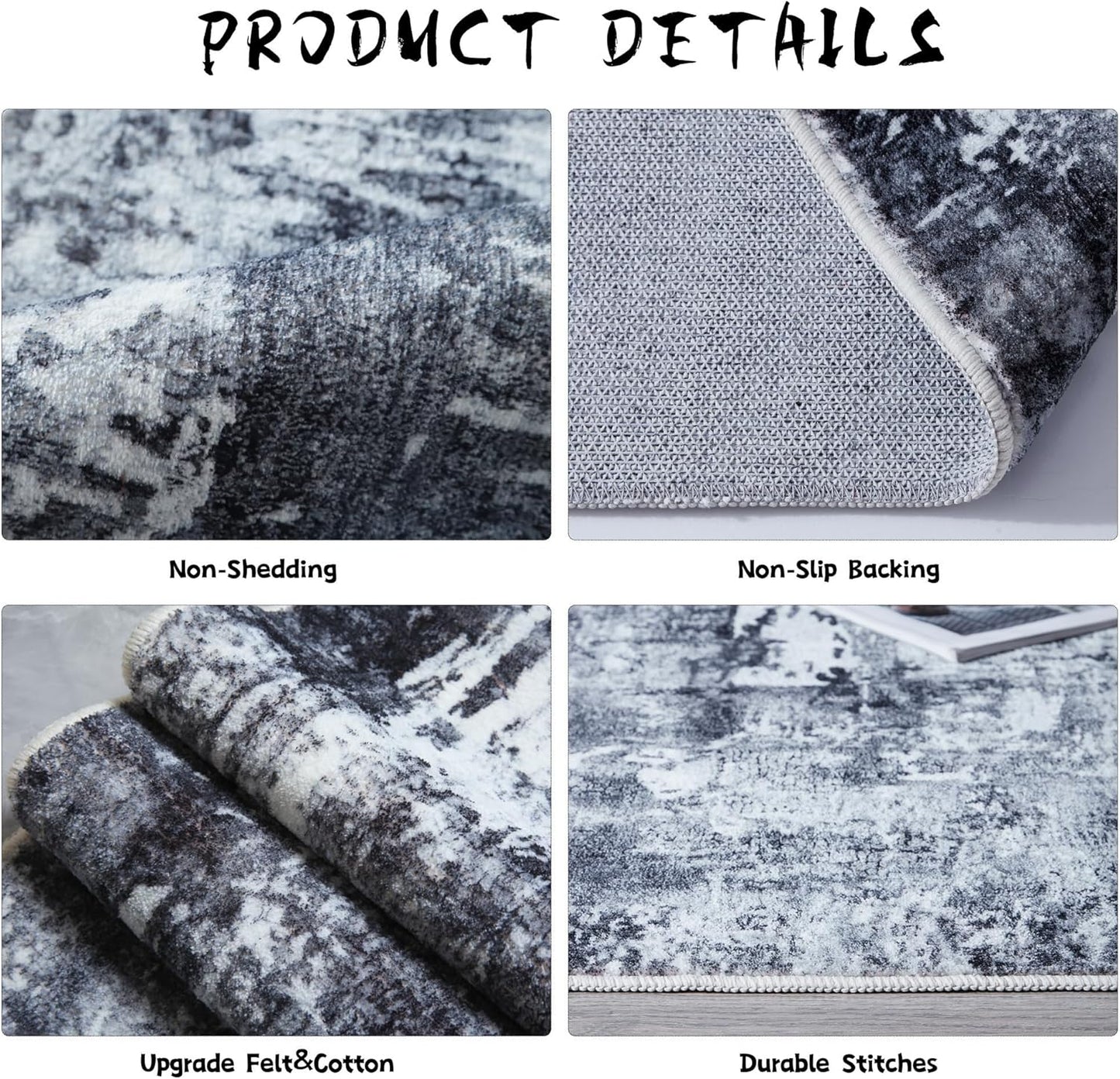 4x6 Rug Washable Boho Soft Area Rug Abstract Pattern Non-Slip Faux Wool Vintage Rug for Living Room, Bedroom Rug, Farmhouse, Dining Room, Kids Playroom, Grey and Black