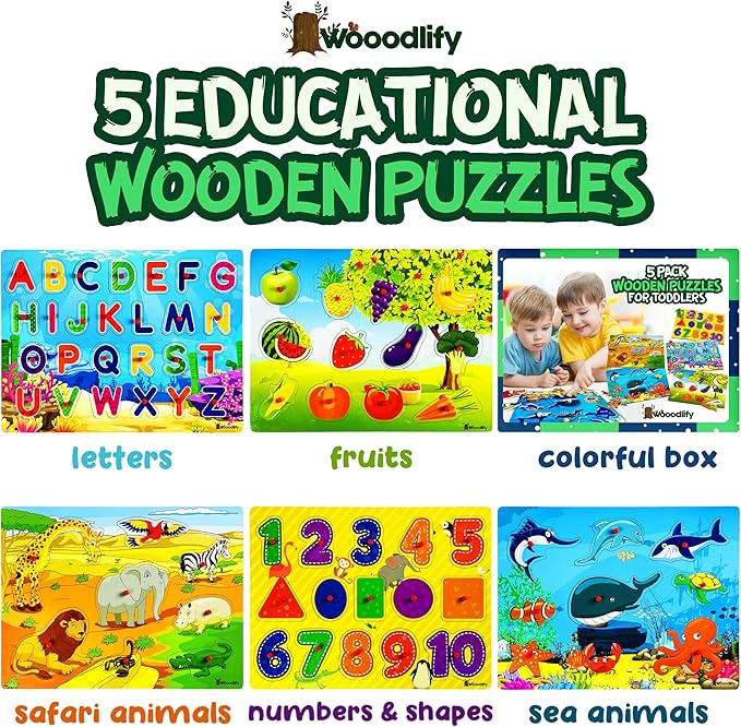 5 Pack Wooden Puzzles for Toddlers 1-3 - Colorful Chunky Wooden Peg Puzzles - Educational Learning Montessori Toys - Toddler Puzzles for Kids Ages 2-4 - Alphabet ABC Number Animal Fruit Shape