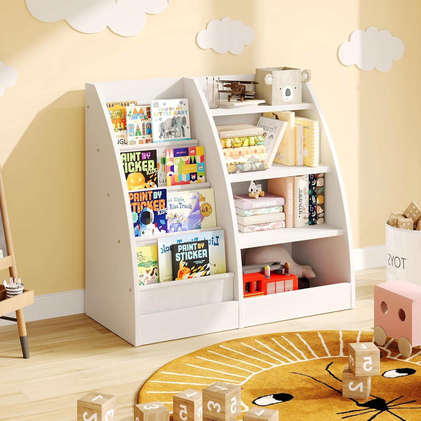 4 Tier Kids Bookshelf, 4 Layer Sling Kids Book Shelf for Kids Rooms,Wood Children Bookcase,Baby Storage Book Rack,Toddler Bookshelf, Book and Toy Organizer,Book Display Shelf for Bedroom, Nursery