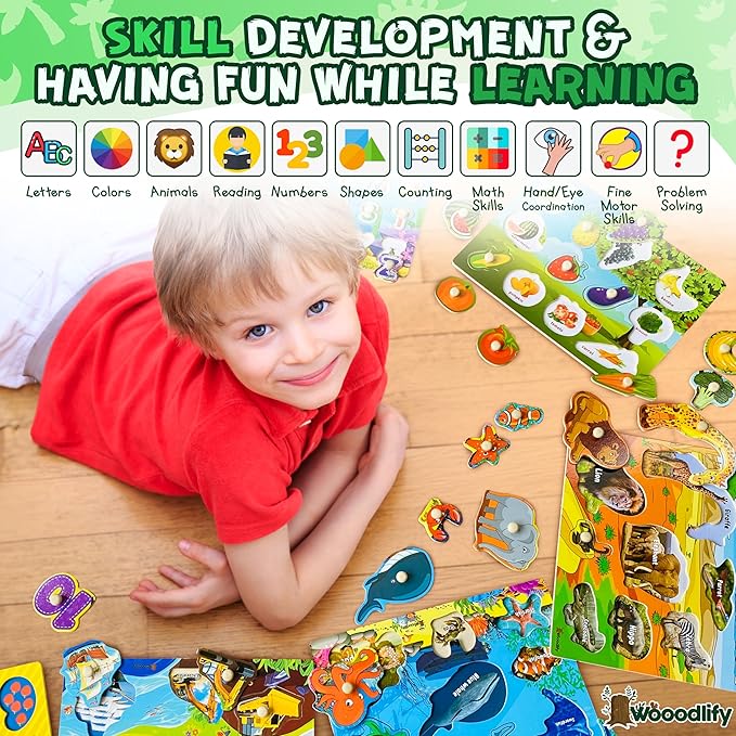 5 Pack Wooden Puzzles for Toddlers 1-3 - Colorful Chunky Wooden Peg Puzzles - Educational Learning Montessori Toys - Toddler Puzzles for Kids Ages 2-4 - Alphabet ABC Number Animal Fruit Shape