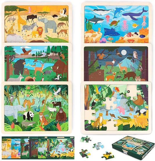 BONNYCO Wooden Puzzles for Kids Ages 4-6 and 3-5. Set of 6 Jigsaw Puzzles 24 Pieces with Board, Animals from Diverse Ecosystems. Educational Toys, Learning Gifts for Boys, Girls