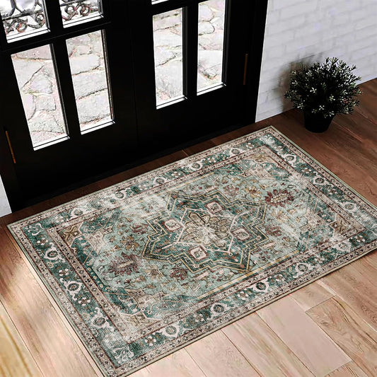 2'x3' Area Rug Washable Door Mat Vintage Doormat Indoor Entrance Traditional Thin Floral Print Non Slip Carpet for Kitchen Bathroom Bedroom Living Room