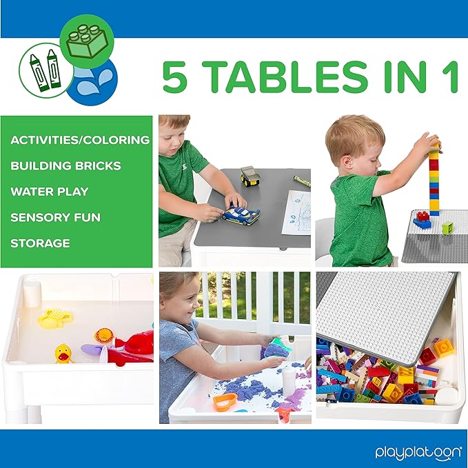 Play Platoon 5 in 1 Kids Activity Table and Chair Set - Stem Table for Toddlers with Building Block, Craft & Sensory Tables for Toddlers with 2 Chairs & 25 XL Blocks - Neutral Gray