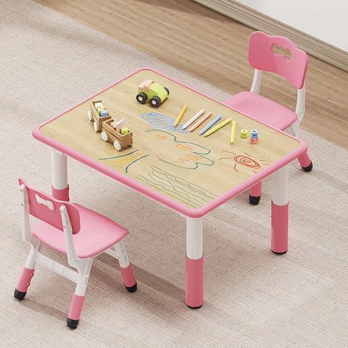 Brelley Kids Table and 2 Chairs Set, Height Adjustable Toddler Desk 31.5" L x 23.6" W and Chair Set, Graffiti Desktop, Classroom/Daycare/Home, Children Multi-Activity Table for Ages 2-8