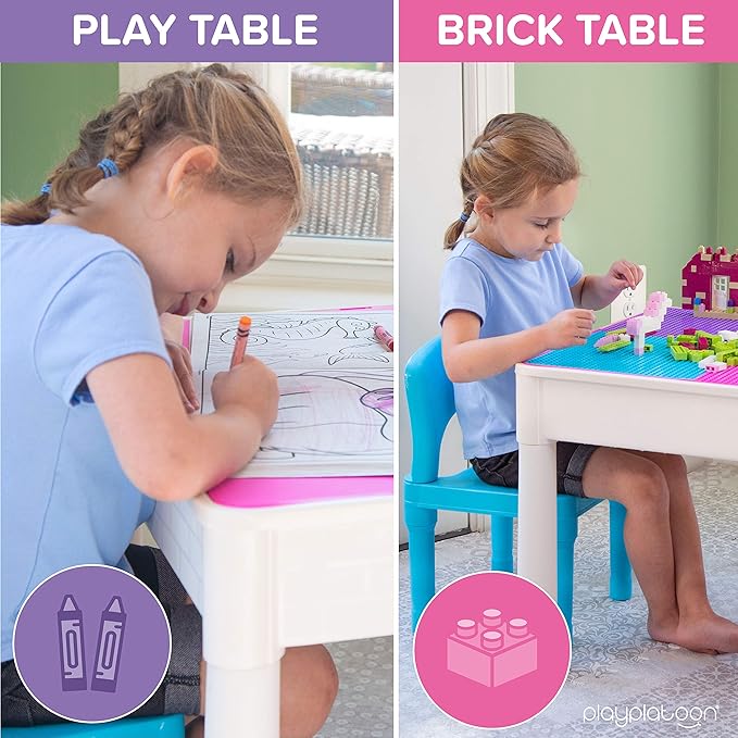 Play Platoon Kids Table and Chairs Set, Toddler 5 in 1 Pastel Activity Table - Sensory, Water, Art, Picnic, Blocks with Storage for Girls Ages 2 to 8 - with Pink and Blue Chairs