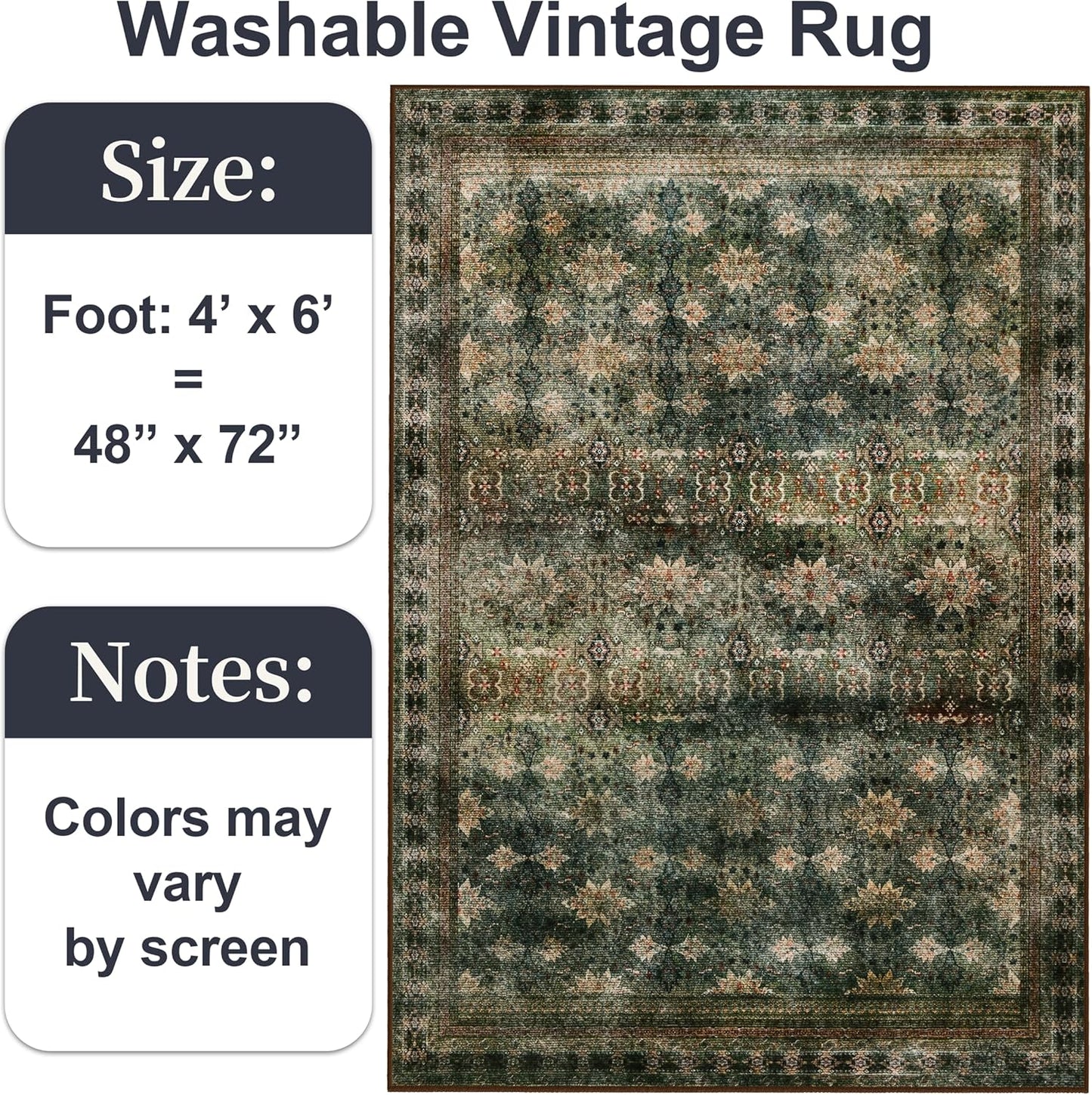 4x6 Area Rug for Bedroom Machine Washable, Non Slip Vintage Floral Kitchen Rugs for Dining Room, Rustic Indoor Floor Carpet for Kids Room, Playroom, Farmhouse(Dark Green/Brown/Multi)